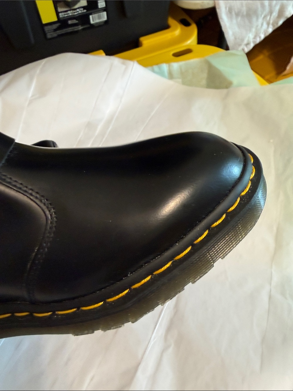 Dr -MartinsBlack Leather Buckle Ankle Boots with Yellow Stitching - Women Shoes - Picture 6 of 11